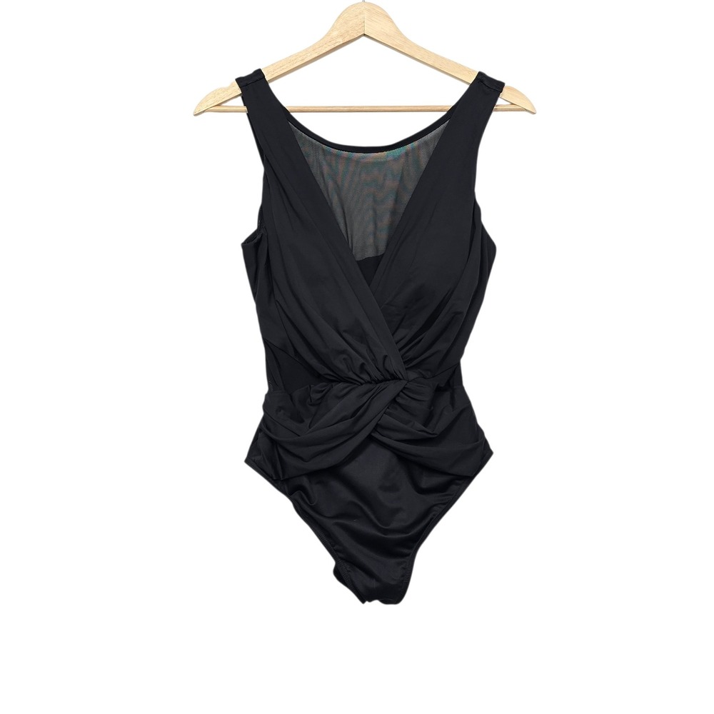 Miraclesuit Womens Black Palma One Piece Swimsuit Mesh Back Size 14 Compression